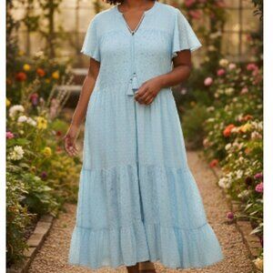 Kate & Sam Dress Maxi Aqua Eyelet Tier Boho Cracker Barrel Size XXL Baby Blue